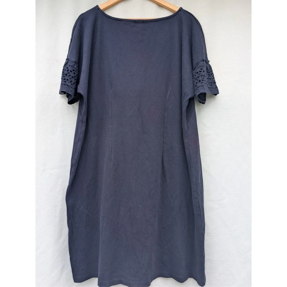TALBOTS Shift T Shirt Dress Womens 2X Navy Blue Cotton Eyelet Crochet Sleeve‎